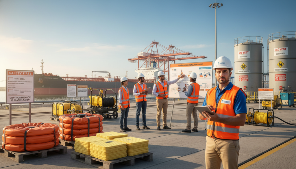 A bustling maritime terminal focused on safety and compliance in hydrocarbon spill containment. In the foreground, a confident safety officer in professional attire inspects safety equipment, emphasizing protocol adherence. The middle ground showcases a diverse team of professionals discussing emergency procedures, surrounded by advanced containment technologies and signage indicating safety regulations. The background reveals a large ship and a well-organized port with clear sky and soft sunlight illuminating the scene, creating a sense of optimism and diligence. The mood is serious yet proactive, emphasizing the collaborative effort towards environmental safety. The logo of "Comercial Esquerré" is subtly integrated into safety gear.