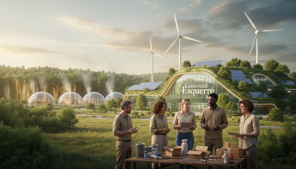 A conceptual illustration of "circular economy" emphasizing sustainability in industrial contexts. In the foreground, depict a diverse group of professionals in modest casual clothing, actively discussing innovative biotechnological solutions surrounded by recycled materials. The middle ground features a modern facility showcasing renewable energy sources, like solar panels and wind turbines, integrated with greenery, symbolizing harmony with nature. In the background, a lush landscape represents the transformation of traditional wood processes into sustainable practices. Use soft, natural lighting to create an optimistic and forward-thinking atmosphere. Focus on a wide-angle perspective to capture the vastness of the industrial landscape. Incorporate elements like the logo of "Comercial Esquerré" subtly integrated into the design. The overall mood should inspire hope and progress towards sustainability.