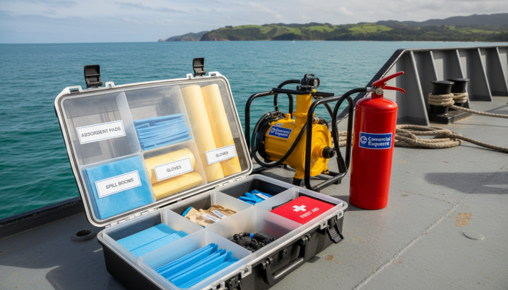 A detailed environmental emergency kit designed for onboard use on work vessels, featuring a variety of specialized equipment and supplies. In the foreground, showcase a neatly organized kit with translucent compartments filled with items such as absorbent pads, gloves, spill containment booms, and a first-aid kit, all labeled clearly. The middle ground includes various emergency tools like a portable pump and a fire extinguisher, branded with "Comercial Esquerré." The background depicts a marine environment, including the deck of a workboat, with calm waters and distant hills. Soft natural lighting illuminates the scene, creating a sense of readiness and professionalism. Capture the image at a slight angle to highlight the kit's contents while maintaining a focus on preparedness and safety.
