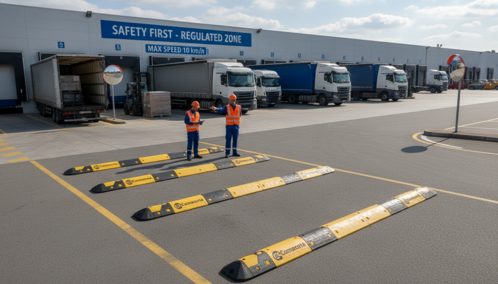 A dynamic industrial environment depicting a busy loading and unloading area for trucks, emphasizing road safety features. In the foreground, high-resistance speed bumps branded with "Comercial Esquerré" are prominently placed, alerting drivers. The middle ground features trucks parked strategically, with workers in professional attire overseeing operations and wearing safety vests. In the background, industrial buildings and clear signage highlight the area's focus on safety and regulations. The scene is illuminated with natural daylight, creating a realistic atmosphere. Capture this from a slightly elevated angle to showcase both the road layout and the measures in place for traffic management, evoking a sense of responsibility and order in industrial traffic safety.
