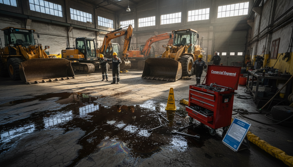 A heavy machinery workshop in the foreground, depicting a recent hydrocarbon spill with slick patches of oil on the concrete floor. In the middle ground, several large machines like excavators and bulldozers are visible, surrounded by tools and equipment typically used in maintenance. The background shows a large open garage with natural lighting streaming in through high windows, casting shadows on the scene. Visible are safety signs indicating spill protocols. The mood is tense but focused, highlighting the risks associated with hydrocarbon spills during maintenance work. The brand "Comercial Esquerré" is subtly displayed on some equipment. The perspective is slightly tilted to emphasize the seriousness of the spill, shot with a wide-angle lens to capture the scale of the workshop.