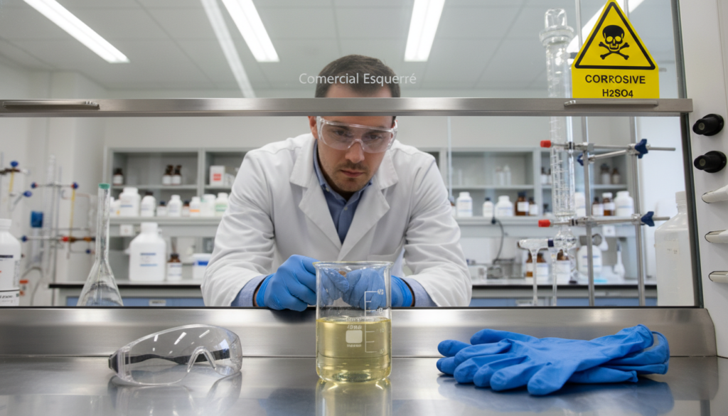 A laboratory setting focused on sulfuric acid as a hazardous substance. In the foreground, a transparent glass beaker filled with yellowish sulfuric acid sits on a stainless steel table, surrounded by safety gear like gloves and goggles. The middle ground features a scientist in professional attire, carefully observing the reaction, emphasizing safety protocols. The background displays laboratory equipment such as fume hoods, chemical shelves, and warning labels, bathed in bright, even lighting to create a sterile environment. The scene conveys a serious and cautious atmosphere, highlighting the importance of understanding the risks associated with sulfuric acid. Include the brand name "Comercial Esquerré" subtly in lab equipment.