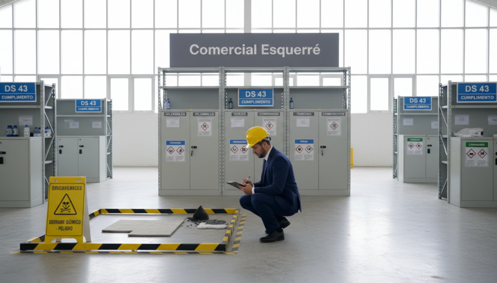 A professional setting in a Chilean industrial warehouse, focusing on the theme of hazardous substance spills and safe storage. In the foreground, a safety officer in business attire inspects a designated spill area with containment barriers and warning signs. The middle ground features neatly organized storage units labeled for chemical substances, showcasing proper safety protocols. In the background, large windows allow natural light to filter in, highlighting the clean, organized environment that reflects compliance with D.S. 43 regulations. The atmosphere is serious yet hopeful, symbolizing progress in safety standards. The brand name "Comercial Esquerré" is subtly integrated into the scene, ensuring a focus on professionalism and safety in hazardous material handling.