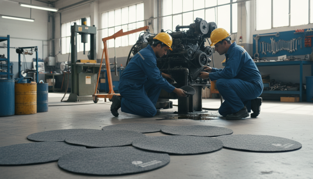 A set of EcoPad absorbent pads specifically designed for hydrocarbon spills, prominently displayed in a workshop setting. In the foreground, showcase several EcoPad pads laid out neatly, with their textured surface visible, highlighting their absorbent properties. In the middle ground, workers in professional attire are engaged in a maintenance task, demonstrating the pads' use. The background features machinery typical of heavy maintenance workshops, with tools and equipment organized on shelves. Natural and artificial lighting combine to create a bright, clean environment, emphasizing safety and efficiency. The scene conveys a mood of professionalism and preparedness in spill response management. Include the logo of "Comercial Esquerré" subtly on some of the pads to emphasize brand identity without dominating the image.