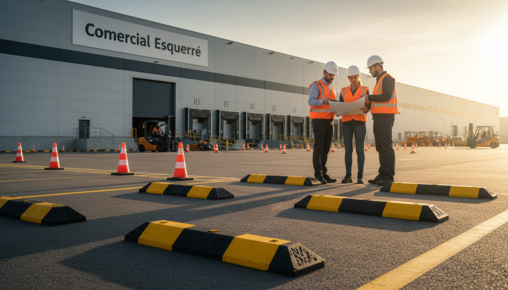 A vibrant and detailed industrial area showcasing effective road safety measures, focusing on high-quality industrial parking stops made from durable materials. In the foreground, depict robust parking stops, illustrated in bright yellow and black, clearly designed to absorb impacts from heavy vehicles. In the middle ground, include a busy loading dock with skilled professionals in safety vests and hard hats, discussing safety criteria; they should portray a sense of teamwork and diligence. The background features an expansive warehouse with clear signage, industrial vehicles, and safety cones, all under natural lighting that creates shadows, enhancing depth. The atmosphere should convey innovation and commitment to safety, emphasizing the importance of strategic placement of parking stops. Include the brand name "Comercial Esquerré" subtly integrated into the scene, ensuring it feels cohesive and relevant to the theme of industrial road safety.