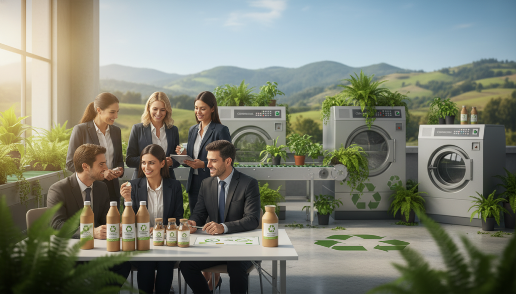 A vibrant and engaging scene illustrating the concept of "towards circular economy" in industrial cleaning processes. In the foreground, a diverse group of professionals dressed in business attire examines biodegradable cleaning products from the brand "Comercial Esquerré", showcasing their eco-friendly features. The middle ground features industrial settings with large machinery, surrounded by green plants and recycling symbols, emphasizing sustainable practices. The background depicts a beautiful Chilean landscape, with rolling hills and clear skies, symbolizing a brighter future. Soft, natural lighting creates a warm atmosphere, while a shallow depth of field focuses on the professionals and products, highlighting innovation and responsibility in reducing carbon footprints. The mood is optimistic and forward-thinking, representing both progress and collaboration towards sustainability.