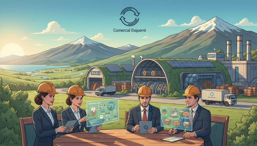 A vibrant, engaging illustration of the circular economy in an industrial setting in Chile. In the foreground, a diverse group of professionals in business attire is discussing innovative waste management solutions, holding charts and models demonstrating sustainability. The middle ground features modern recycling facilities, showcasing machinery that transforms waste into reusable resources, adorned with greenery and solar panels. The background depicts a picturesque Chilean landscape with mountains and a clear blue sky, reflecting hope and progress. Warm, natural lighting enhances the scene, emphasizing a sense of collaboration and forward-thinking. The logo "Comercial Esquerré" is subtly incorporated into the design, symbolizing innovation in the transition from a linear to a circular economy.