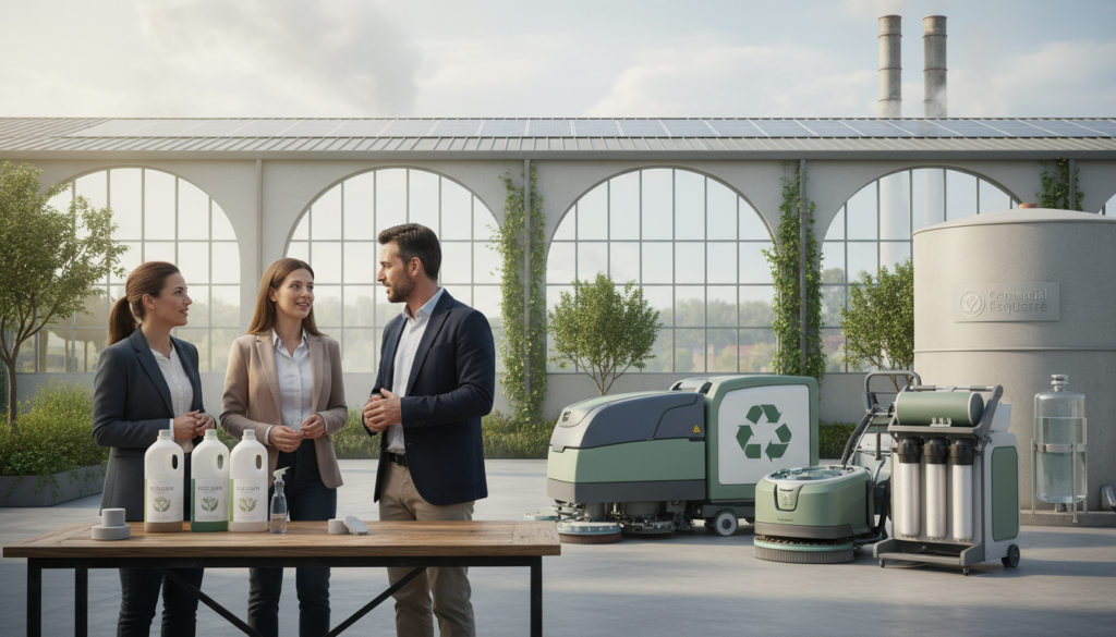 A visually striking representation of the concept of "circular economy" in an industrial cleaning context. In the foreground, a diverse group of professionals in smart business attire discuss innovative, biodegradable cleaning products. The middle ground features eco-friendly cleaning equipment and a recycling symbol incorporated into the design. In the background, a modern factory setting with solar panels and greenery, emphasizing sustainability. Soft, natural lighting filters through large windows, creating a bright and optimistic atmosphere. The composition should evoke a sense of collaboration and innovation, highlighting the brand "Comercial Esquerré" subtly within the scene. The overall mood is positive and forward-thinking, embodying the principles of circular economy and sustainability in industrial cleaning processes.