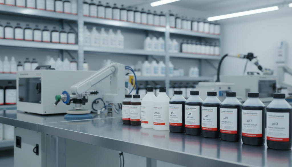 A well-organized industrial workspace featuring various "Comercial Esquerré" chemical products for surface cleaning. In the foreground, a shiny stainless steel table displays neatly lined bottles of solvents and cleaning agents, labeled with pH levels and usage instructions. In the middle ground, an array of clean, high-tech equipment stands ready for use, with tools for technical surface cleaning. The background fades into a blurred industrial setting, showcasing shelves filled with more chemical products, illuminated by bright, clean white lighting that creates a sterile atmosphere. A subtle focus effect enhances the professionalism of the scene, representing industrial chemistry in action, conveying precision and reliability while maintaining a safe work environment.